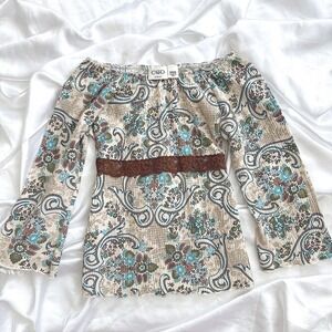 Cato Girls Paisley Off Shoulder Bell Sleeve Top Brown Lace Trim M 8/10 Boho